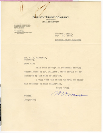 Letter from W. W. Moore to W. T. Sinclair, 1928 May 3