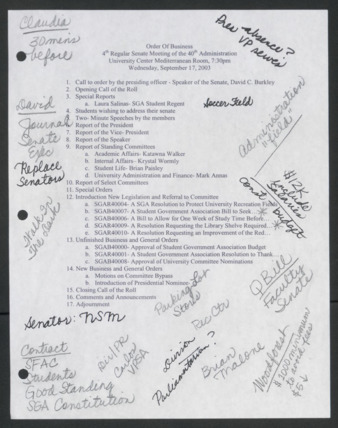 Order of Business [Agenda], 4th Senate Meeting of the 40th Administration, September 17, 2003