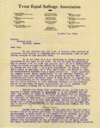 Letter from Minnie Fisher Cunningham to the Editor, Houston Post