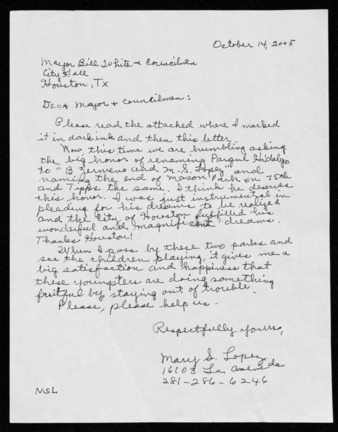Letter from Mary S. Lopez to Bill White, October 14, 2005