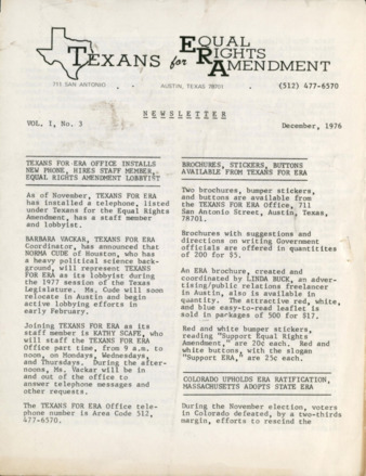 Texans for Equal Rights Amendment, Vol. 1, No. 3, December 1976