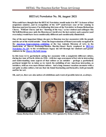HETAG: The Houston Earlier Texas Art Group Newsletter, No. 50, August 2021