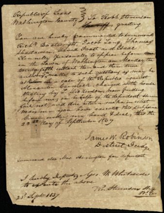 Summons to witnesses in the case of the Republic of Texas vs. Alexander Carmack