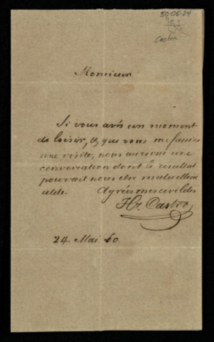 Meeting invitation [in French] from Henri Castro to an unidentified recipient.