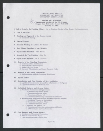 Thirty-third Senate, University of Houston, Students' Association, Order of Business, Eighteenth Meeting, January 22, 1997