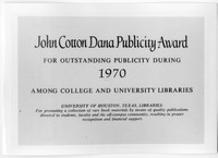 John Cotton Dana Publicity Award certificate