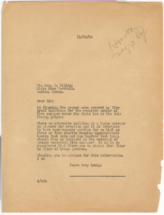 Letter from Maurice J. Sullivan to Mr. Geo. W. Tilley, 1924 November 26