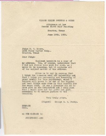 Letter from George E. B. Peddy to W. W. Moore, 1926 June 19