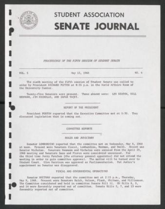 Senate Journal, Fifth Senate, University of Houston Student Government Association, Minutes, Vol. 5, No. [7], May 13, 1968