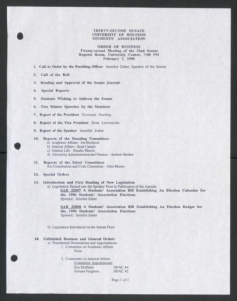 Thirty-second Senate, University of Houston, Students' Association, Order of Business [Agenda], Twenty-second Meeting, February 1996