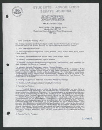 Senate Journal, Vol. 1, Twenty-sixth Senate Students' Association, University of Houston, Order of Business [Minutes], Third Meeting, Summer Senate, July 17, 1989