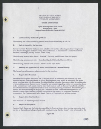 Twenty-seventh Senate, University of Houston, Students' Association, Order of Business [Minutes], Eighth Meeting, July 2, 1990