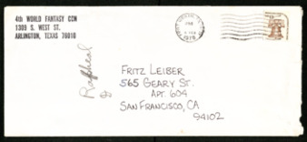 Envelope addressed to Fritz Leiber, with handwriten notes