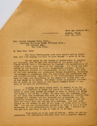 Letter from Minnie Fisher Cunningham to Mrs. Carrie Chapman Catt