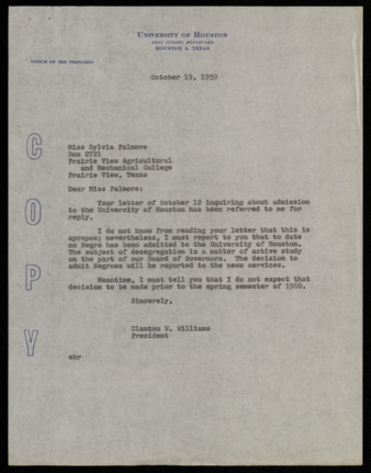 Correspondence between Sylvia Palmore and Clanton W. Williams, inquiring about graduate work in the department of music