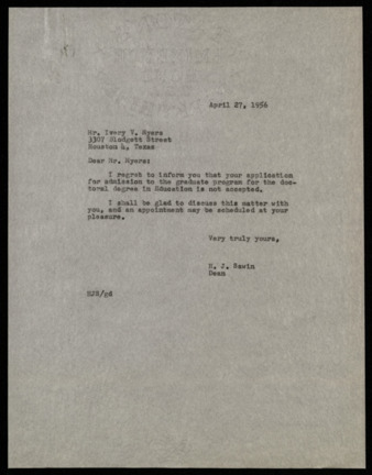 Letter from H. J. Sawin to Ivery V. Myers, informing him that his application for admission into the graduate program was denied