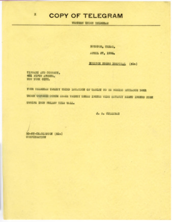 Telegram from J. S. Cullinan to Tiffany & Co., 1926 April 27