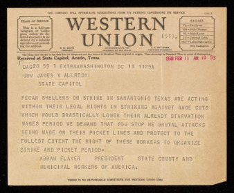 Telegram from Abram Flaxer to Governor James V. Allred, 1938 February 11