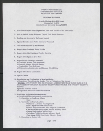 Twenty-ninth Senate, University of Houston, Students' Association, Order of Business, Seventh Meeting, July 13, 1922