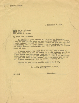Correspondence between Mrs. T. A. Coleman and Minnie Fisher Cunningham, 1918 September-November