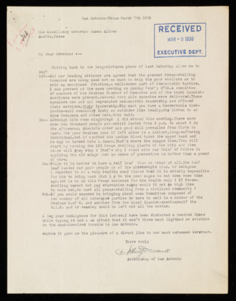 Letter from Arthur Drossaerts to Governor James V. Allred, 1938 March 7