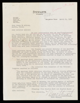 Letter from Maco Stewart to Governor James V. Allred, 1938 March 21