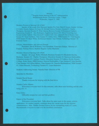 Order of Business Minutes, 5th Senate Meeting of the 42nd Administration, August 31, 2005