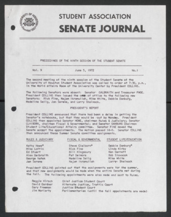Senate Journal, Ninth Senate, University of Houston Student Government Association, Minutes, Vol. 9, No. [2], June 5, 1972