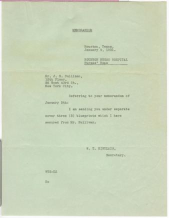 Memorandum from W. T. Sinclair to J. S. Cullinan, 1931 January 9