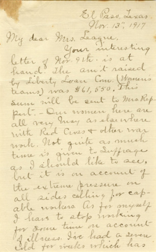 Letter from Belle C. Critchett to Mrs. League, informing her recent illness which may affect the suffrage work