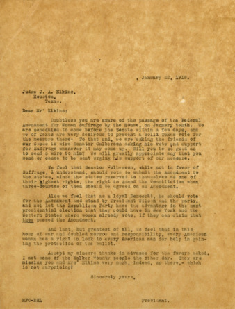 Letter from Minnie Fisher Cunningham to Judge J. A. Elkins