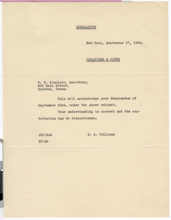 Memorandum from J. S. Cullinan to W. T. Sinclair, 1926 September 27