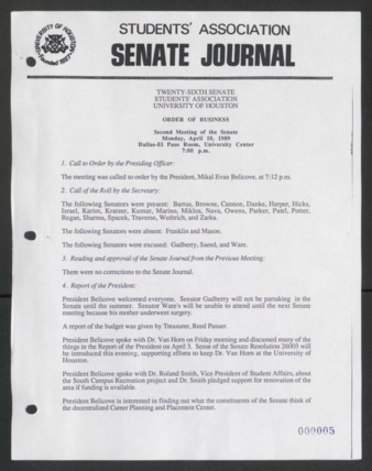 Senate Journal, Vol. 1, Twenty-sixth Senate Students' Association, University of Houston, Order of Business [Minutes], Second Meeting, April 10, 1989