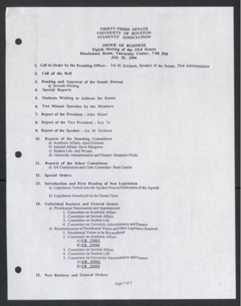 Thirty-third Senate, University of Houston, Students' Association, Order of Business, Eighth Meeting, July 10, 1996