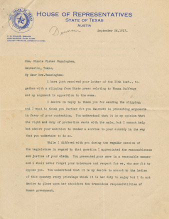 Letter from W. V. Durnam to Mrs. Minnie Fisher Cunningham