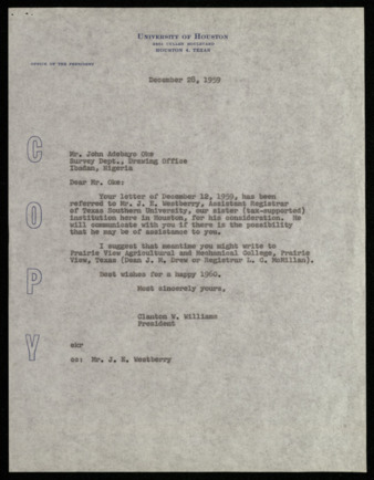 Letter from Clanton W. Williams to John Adebayo Oke, informing him that his letter was referred to Texas Southern University