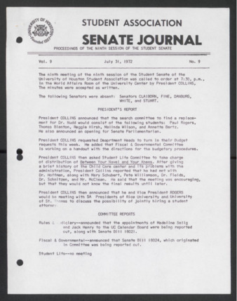 Senate Journal, Ninth Senate, University of Houston Student Government Association, Minutes, Vol. 9, No. 9, July 31, 1972