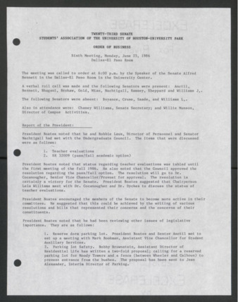 Twenty-third Senate, Students' Association of the University of Houston-University Park, Order of Business [Minutes], Sixth Meeting, June 23, 1986