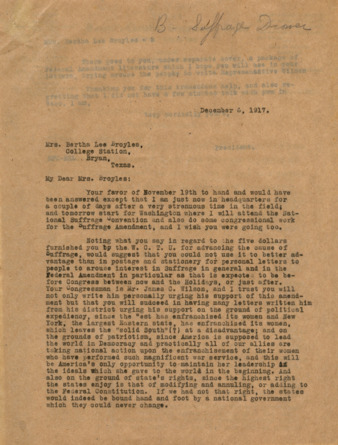 Correspondence between Minnie Fisher Cunningham and Bertha Lee Broyles, regarding suffrage issues