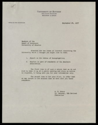 Letter from A. D. Bruce to the members of the board of governors, which includes a report on the status of desegregation at the university