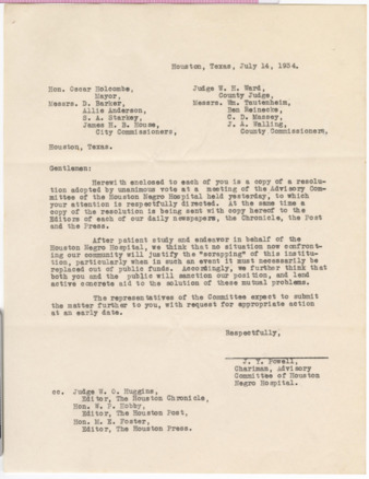 Letter from J. Y. Powell to Mayor, County Judge, and City and County Commissioners, 1934 July 14