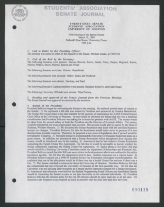 Senate Journal, Vol. 1, Twenty-sixth Senate Students' Association, University of Houston, Fifth Meeting, Spring Senate, March 12, 1990