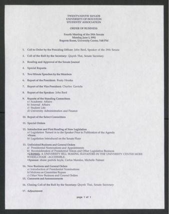 Twenty-ninth Senate, University of Houston, Students' Association, Order of Business, Fourth Meeting, June 1, 1992