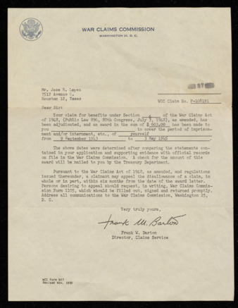 Award Letter for Compensation