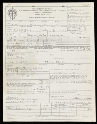Application for Employment, University of Texas, M.D. Anderson Hospital and Tumor Institute at Houston