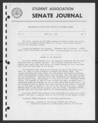 Senate Journal, Fifth Senate, University of Houston Student Government Association, Minutes, Vol. 5, No. 3, April 15, 1968