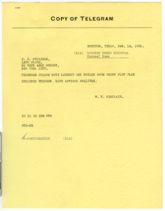 Telegram from W. T. Sinclair to J. S. Cullinan, 1931 January 14