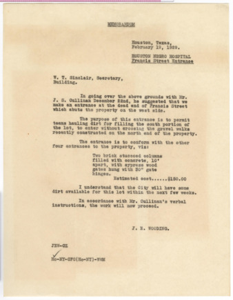Memorandum from J. E. Wooding to W. T. Sinclair, 1929 February 19