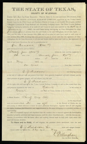 Deed transfering land from the Texas Central Railway Company to E. J. Waldron
