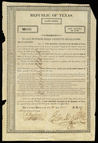 Republic of Texas Land Scrip No. 108